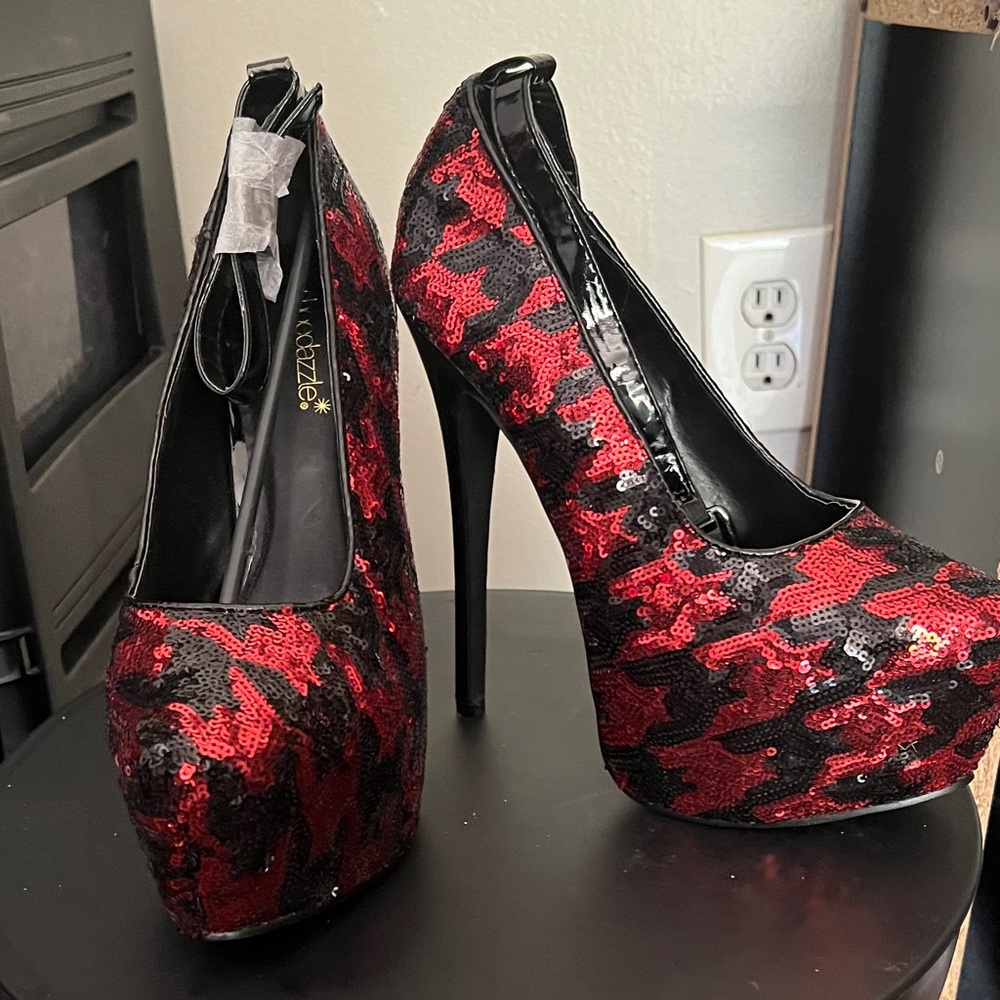 Shoe Dazzle Red and Black Sequin Heels